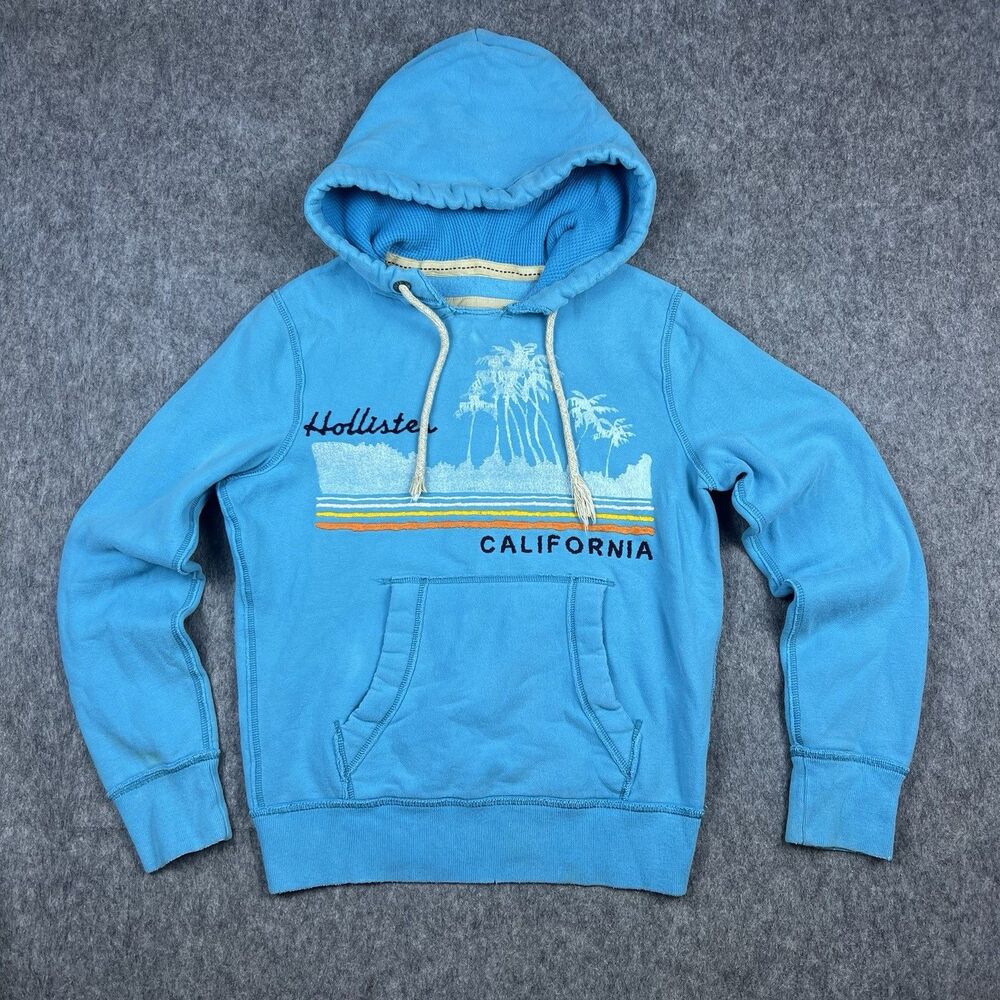Vintage Hollister Men's Hoodie Sweatshirt Fleece Light Blue Y2K Surf Size Small